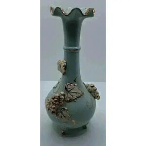 Vintage Japan porcelain light blue aqua gold trim bud flower vase grape leaves